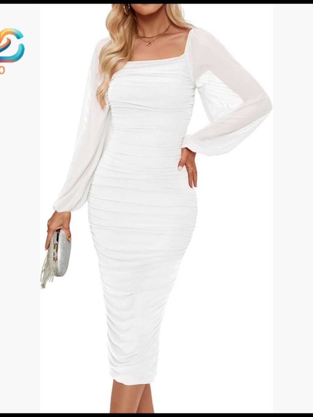 Sexy Ruched Bodycon Midi Dress Long Puff Sleeves Backless Square Neck